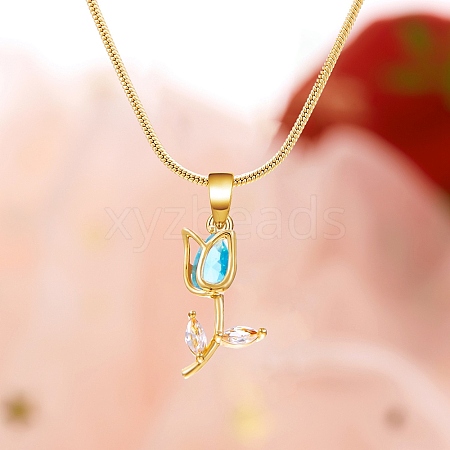 Golden Tong Brass Rhinestone Rose Flower Pendant Snake Chain Necklsces for Women PW-WG50556-01-1