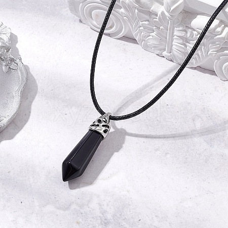 Natural Obsidian Pointed Faceted Bullet Pendants Necklaces NJEW-JN05129-1