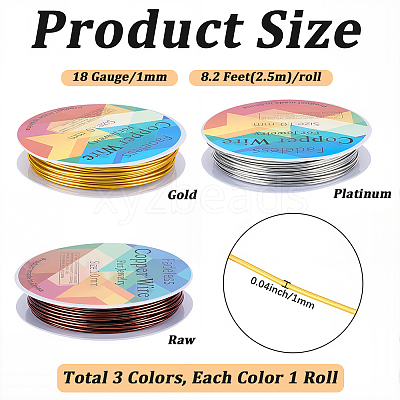 3 Rolls 3 Colors Round Copper Jewelry Wire CWIR-BBC0001-11-1