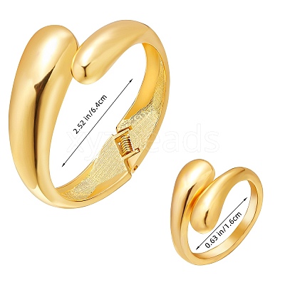 Brass Teardrop Open Cuff Rings & Open Cuff Bangles Jewelry Sets for Women SJEW-SZ0001-016G-1