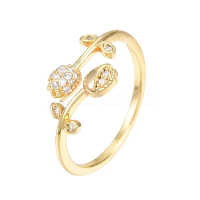 Clear Cubic Zirconia Tulip Flower Open Cuff Ring RJEW-N030-18-1