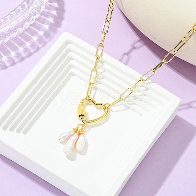 Natural Baroque Keshi Pearl Stick Pendant Brass Paperclip Chain Necklaces with Heart Clasps NJEW-JN06125-1