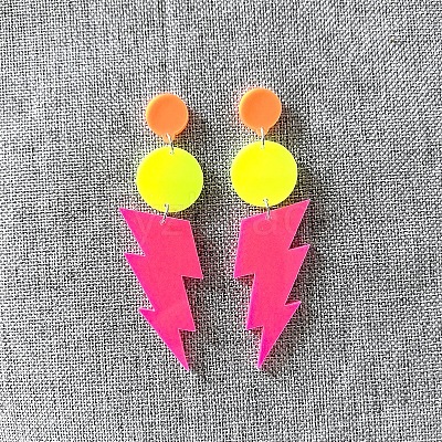 Flat Round with Lightning Bolt Acrylic Dangle Stud Earrings FS-WG93F7F-04-1