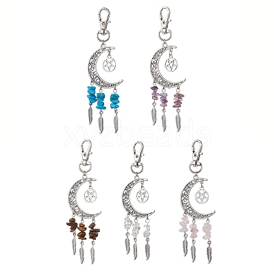 5Pcs Tibetan Style Alloy Moon with Feather Pendant Decorations HJEW-JM02322-S-1