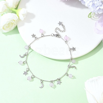 3Pcs 3 Colors 201 Stainless Steel Moon Star & Natural Dyed Malaysia Jade Round Charm Brass Bar Link Chain Anklets AJEW-AN00732-1