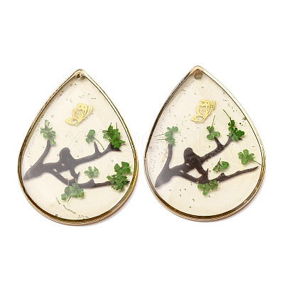 Brass & Transparent Epoxy Resin & Dried Flower Pendants RESI-G133-03G-03-1