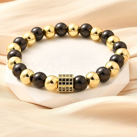 Brass Micro Pave Cubic Zirconia Beads Stretch Bracelets for Women Men BJEW-H201-01F-BG-1