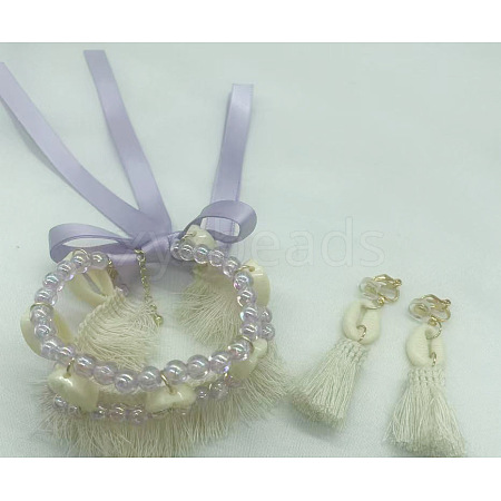Polyester Tassel & Plastic Beads Earrings & Necklaces Sets for Women FS-WG06F5D-07-1