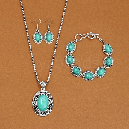 Oval Alloy with Synthetic Turquoise Pendant Necklaces & Dangle Earrings & Link Bracelets Sets WGD1135-09-1