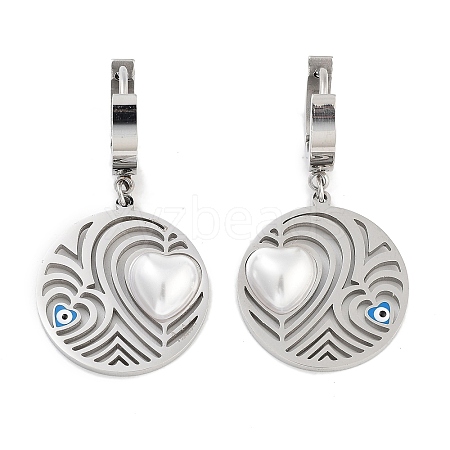 Left and Right Flat Round with Heart 304 Stainless Steel Dangle Earrings EJEW-L283-073P-1