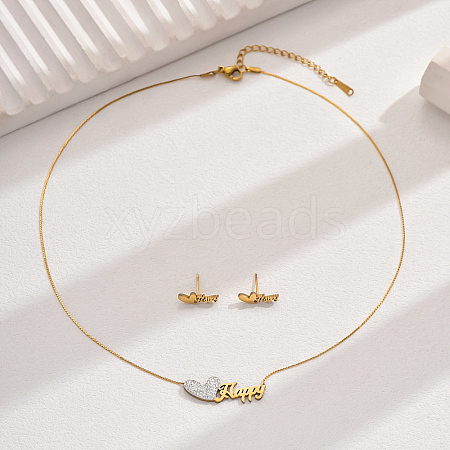Elegant Vintage Stainless Steel Rhinestone Heart with Word Happy Stud Earrings & Necklaces Set for Women UE7506-1