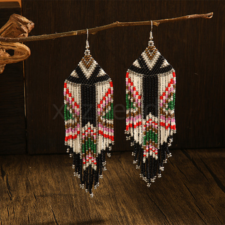 Bohemian Style Geometric Glass Seed Bead Tassel Dangle Earrings for Women AT5435-1-1