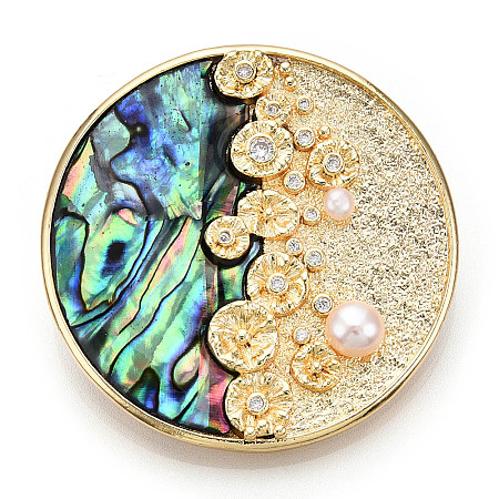 Natural Paua Shell Flat Round Brooches with Pearl JEWB-N001-07G-1