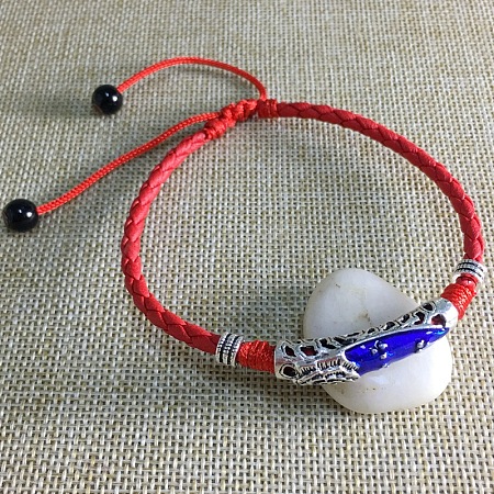 Alloy Blue Enamel Tube Bead & Braided Imitation Leather Cord Adjustable Anklets for Men FS-WG1282E-02-1