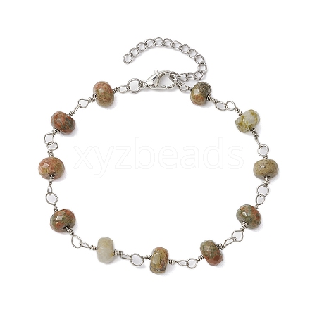 Natural Unakite Faceted Rondelle Beads Link Bracelets for Women BJEW-JB10262-04-1