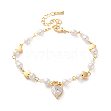 Heart Brass Micro Pave Cubic Zirconia Charm Bracelets for Women BJEW-P342-17G-1