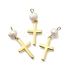 Brass & Natural Pearl Cross Pendants KK-Z093-39G-1