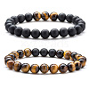 2Pcs 2 Style Natural Tiger Eye & Synthetic Black Stone Round Beaded Stretch Bracelets Set SF6156-1-1