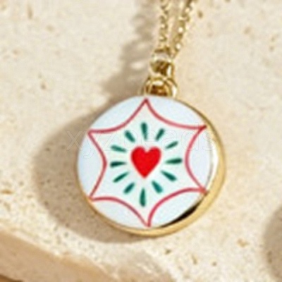 Brass Enamel Flat Round Pendant Necklaces for Women WG39B21-01-1