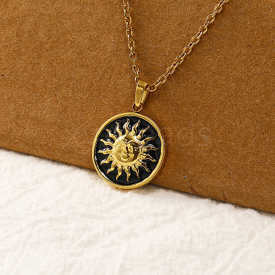 Vintage Real 18k Gold Plated 304 Stainless Steel Black Enamel Pendant Necklaces for Women QI4661-1-1