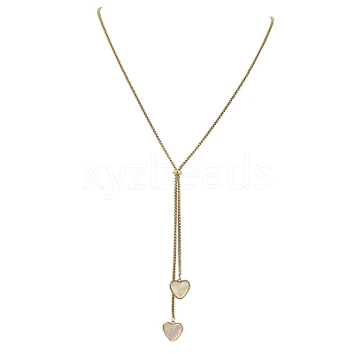 Adjustable Brass & Natural White Shell Geometric Tassel 304 Stainless Steel Box Chain Lariat Necklaces for Women NJEW-JN06259-1