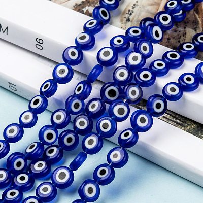 Handmade Evil Eye Lampwork Flat Round Bead Strands X-LAMP-L058-8mm-04-1