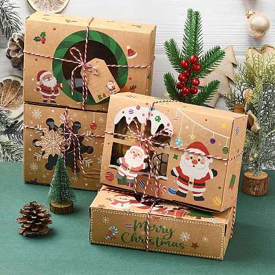 12 pcs 4 Styles Christmas Theme Kraft Paper Gingerbread Candy Boxes with PET Window ST-CJ0010-15-1