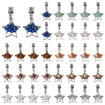 36Pcs 9 Colors Tibetan Style Alloy & Brass & Gemstone Chip European Dangle Charms PALLOY-FH00146-1