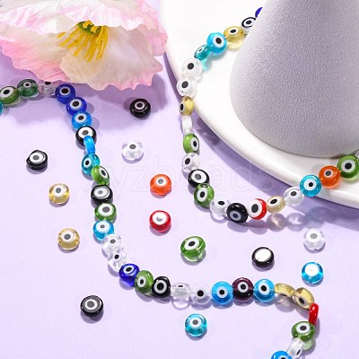 Handmade Evil Eye Lampwork Flat Round Bead Strands LAMP-L058-8mm-M-1