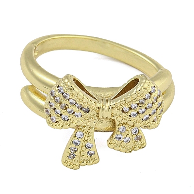 Bowknot Brass Micro Pave Clear Cubic Zirconia Open Cuff Double Rings RJEW-Z046-04G-01-1