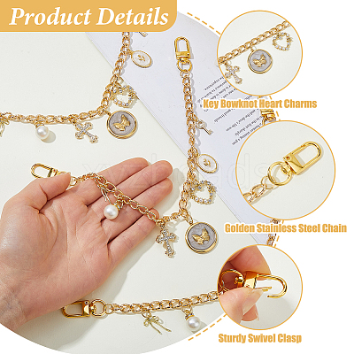 3Pcs Alloy Key Bowknot & Brass Micro Pave Cubic Zirconia Heart Pendant 304 Stainless Steel Bag Decorative Chains HJEW-HS00106-1