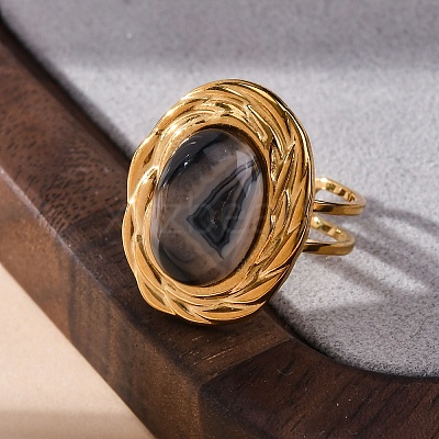 Oval Natural Banded Agate Finger Rings RJEW-M063-01G-14-1