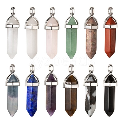 12Pcs 12 Style Natural Gemstone Double Terminated Pointed Pendants G-LS0001-74-1
