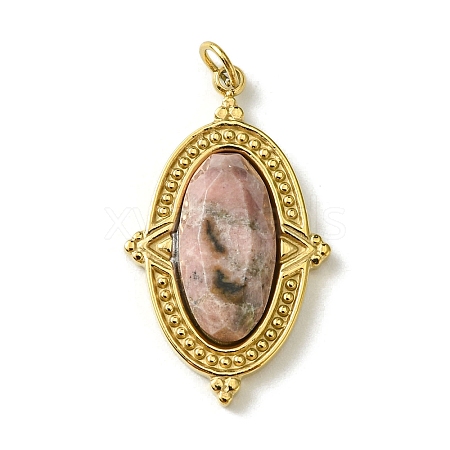 Ion Plating(IP) 304 Stainless Steel Pave Faceted Natural Rhodonite Pendants FIND-Z028-40A-1