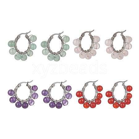 Natural & Synthetic Mixed Gemstone Round Beaded Hoop Earrings EJEW-JE05412-1