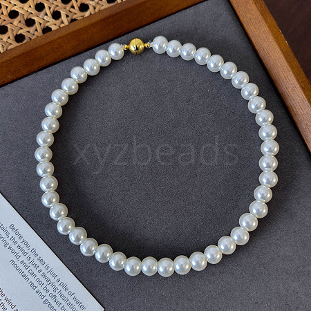 Plastic White Round Imitation Pearl Beaded Necklaces with Magnetic Clasps for Women QS1650-4-1