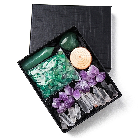 Natural Green Aventurine & Quartz Crystal & Amethyst Bullet & Heart & Nugget & Chips Gift Box WG94197-10-1