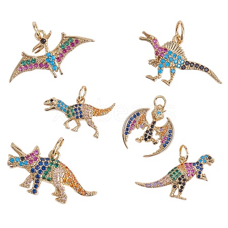 6Pcs 6 Style Rack Plating Brass Micro Pave Colorful Cubic Zirconia Pendants ZIRC-SZ0004-85-1