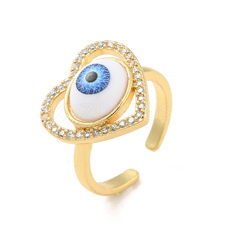 Cubic Zirconia Heart with Evil Eye Open Cuff Ring with Acrylic RJEW-B042-05G-04-1