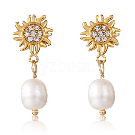 Clear Cubic Zirconia Sun with Shell Pearl Dangle Stud Earrings JE953A-1