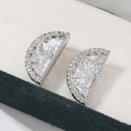 Half Round Brass Micro Pave Clear Cubic Zirconia Stud Earrings EJEW-M077-08P-1