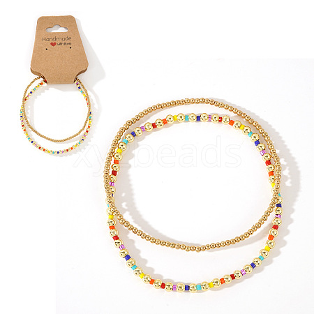 2Pcs Fashionable Brass & Seed Beads Beaded Stretch Bracelet Sets for Women ZD1327-7-1