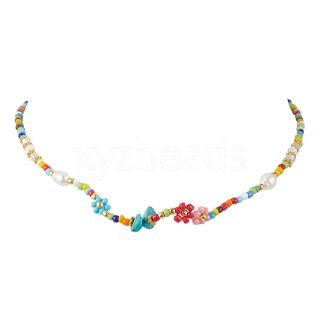 Flower Glass Seed & Pearl Beaded Necklaces NJEW-JN04677-02-1