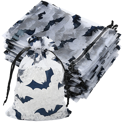 Halloween Theme Bat Printed Organza Drawstring Bags ABAG-WH20021-006D-1