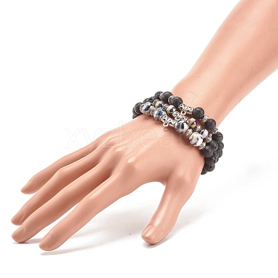 3Pcs 3 Style Natural Lava Rock & Tibetan Agate Stretch Bracelet with Alloy Tube Beaded BJEW-JB08322-1