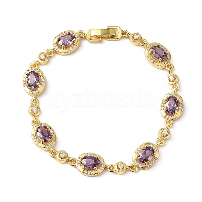 Oval Brass Micro Pave Cubic Zirconia Link Chain Bracelets for Women BJEW-D387-04G-1