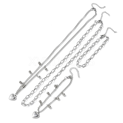 Heart 304 Stainless Steel Double Necklaces & Bracelets Sets for Women SJEW-F226-03P-1