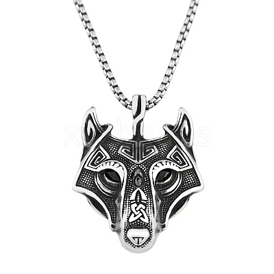 304 Stainless Steel Rhinestone Viking Wolf Head Pendant Necklaces FS-WGCFA8E-02-1