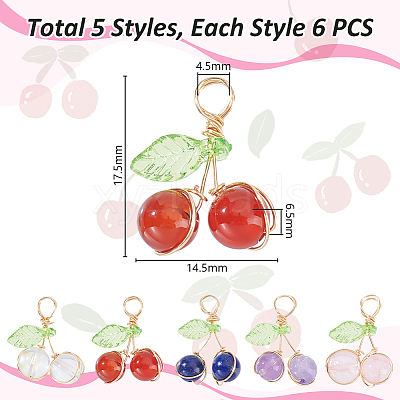 30Pcs 6 Styles Natural Lapis Lazuli & Carnelian & Rose Quartz & Amethyst & Synthetic Moonstone Round Copper Wire Wrapped Pendants PALLOY-GA00028-1
