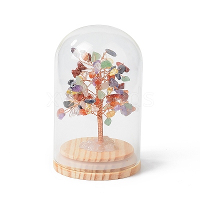 Natural Gemstone Chips Money Tree in Dome Glass Bell Jars with Wood Base Display Decorations DJEW-B007-04E-1
